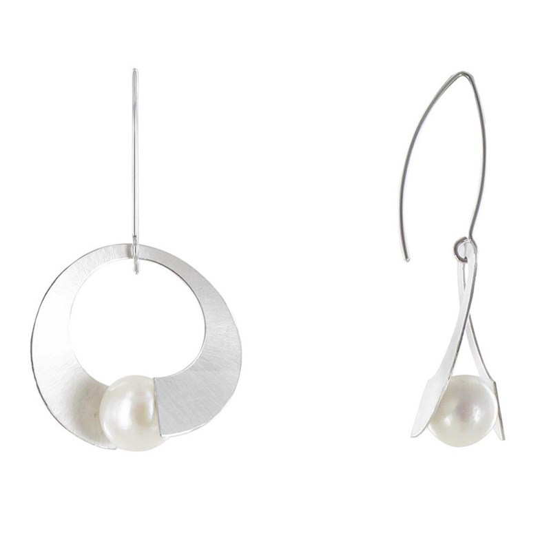 Boucles d'Oreilles Argent 925 Rhodié Spirale et Perle de Culture 11mm - Classics