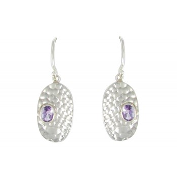 Boucles d'Oreilles en Argent 925 Martelées et Améthyste Ovale