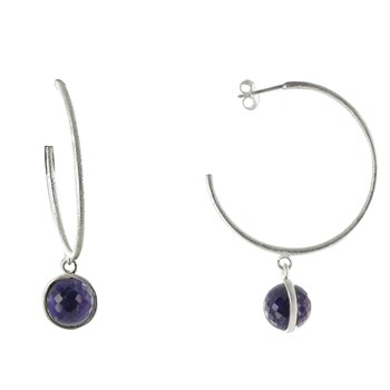 Boucles d'Oreilles Créoles Argent 925 Brossé et Sphère d'Améthyste