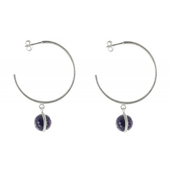 Boucles d'Oreilles Créoles Argent 925 Brossé et Sphère d'Améthyste