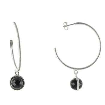 Boucles d'Oreilles Créoles Argent 925 Brossé et Sphère d'Onyx Noir