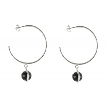 Boucles d'Oreilles Créoles Argent 925 Brossé et Sphère d'Onyx Noir