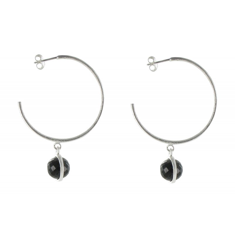 Boucles d'Oreilles Créoles Argent 925 Brossé et Sphère d'Onyx Noir - vue 2
