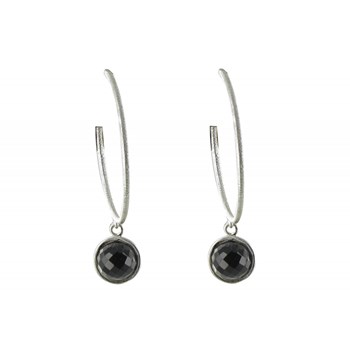 Boucles d'Oreilles Créoles Argent 925 Brossé et Sphère d'Onyx Noir