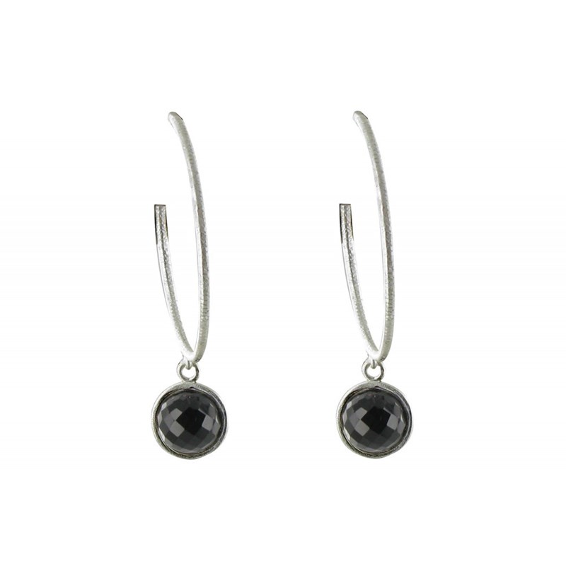Boucles d'Oreilles Créoles Argent 925 Brossé et Sphère d'Onyx Noir - vue 3