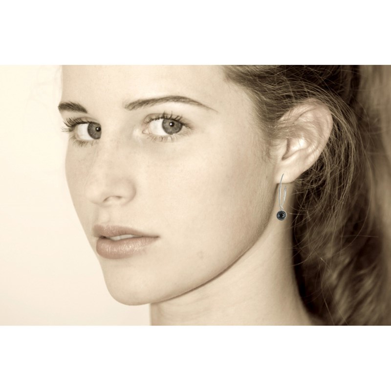 Boucles d'Oreilles Créoles Argent 925 Brossé et Sphère d'Onyx Noir - vue 4