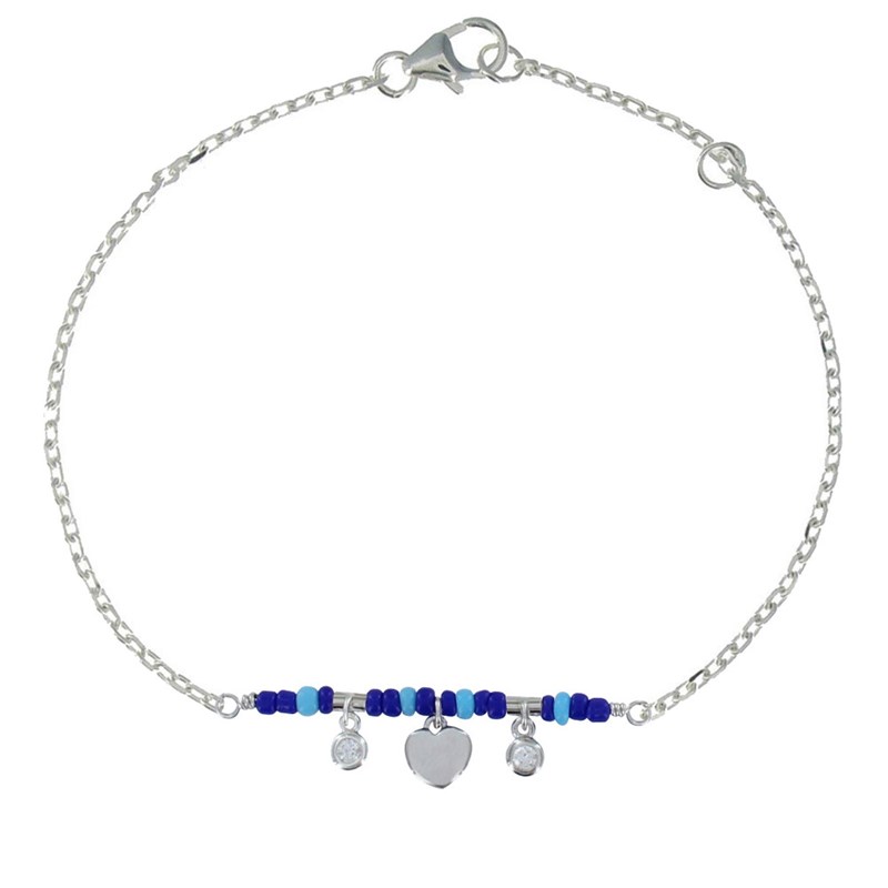 Bracelet Argent 925 Rhodié Petit Coeur Deux Strass et Perles Bleus