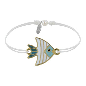 Bracelet Lien Médaille en Laiton Poisson Émaillée Blanche et Turquoise - Blanc