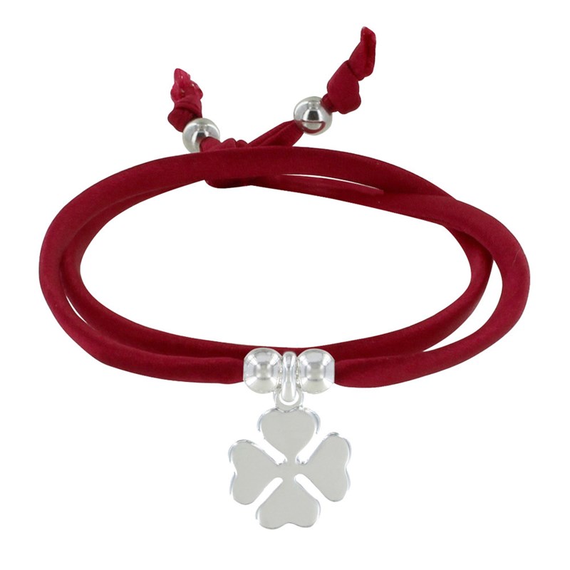 Bracelet Double Tour Lien Satin et Trèfle Argent 925 - Rouge