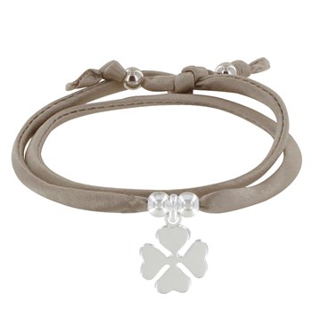 Bracelet Double Tour Lien Satin et Trèfle Argent 925 - Beige