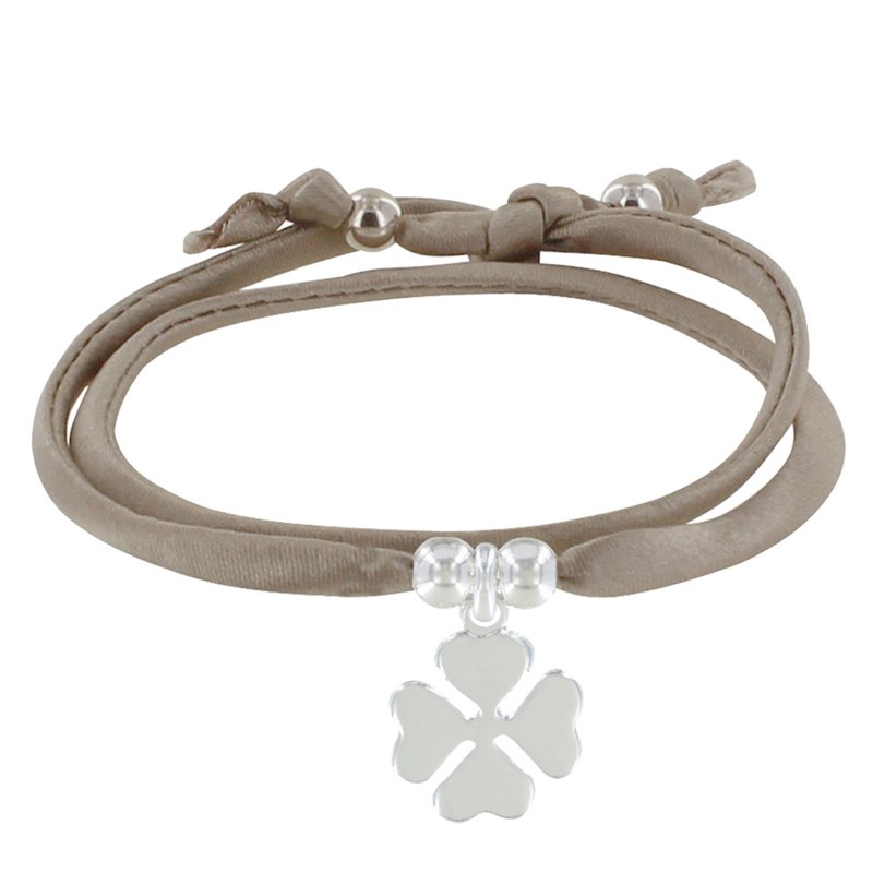 Bracelet Double Tour Lien Satin et Trèfle Argent 925 - Beige