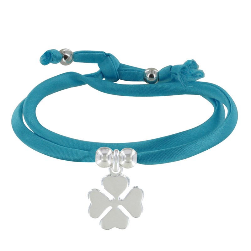 Bracelet Double Tour Lien Satin et Trèfle Argent 925 - Turquoise