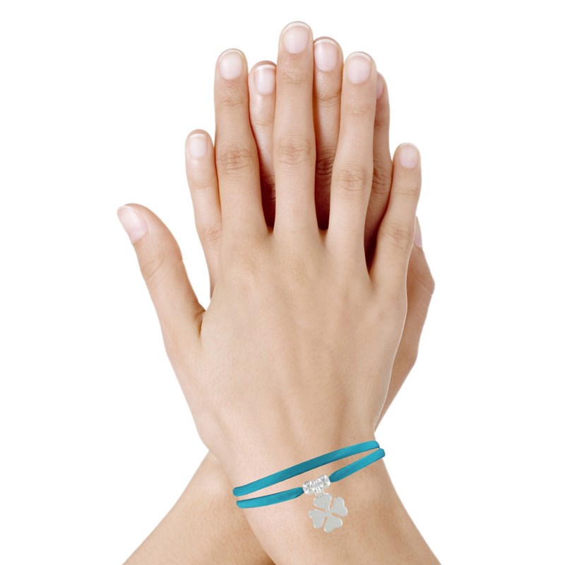 Bracelet Double Tour Lien Satin et Trèfle Argent 925 - Turquoise - vue 2