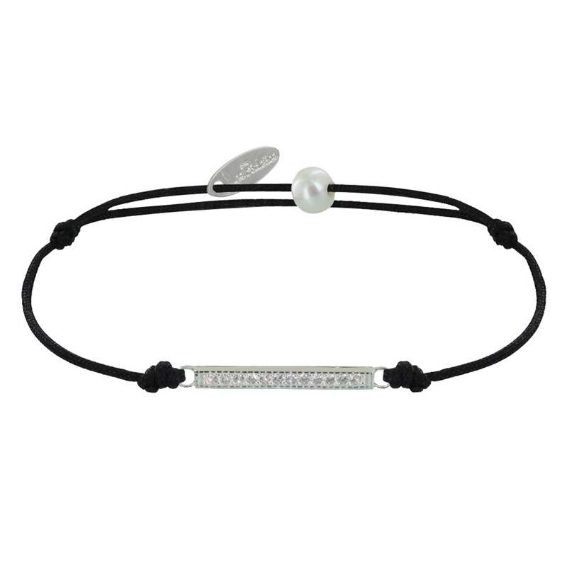 Bracelet Lien Argent 925 Petite Barrette de Strass - Noir