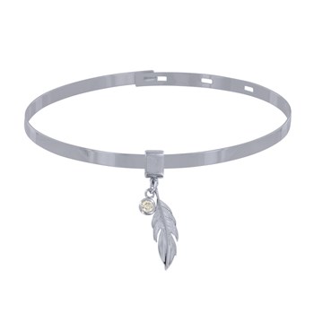 Bracelet Argent 925 Rhodié Jonc Plat Fermeture Crochet Breloques Plume et Strass