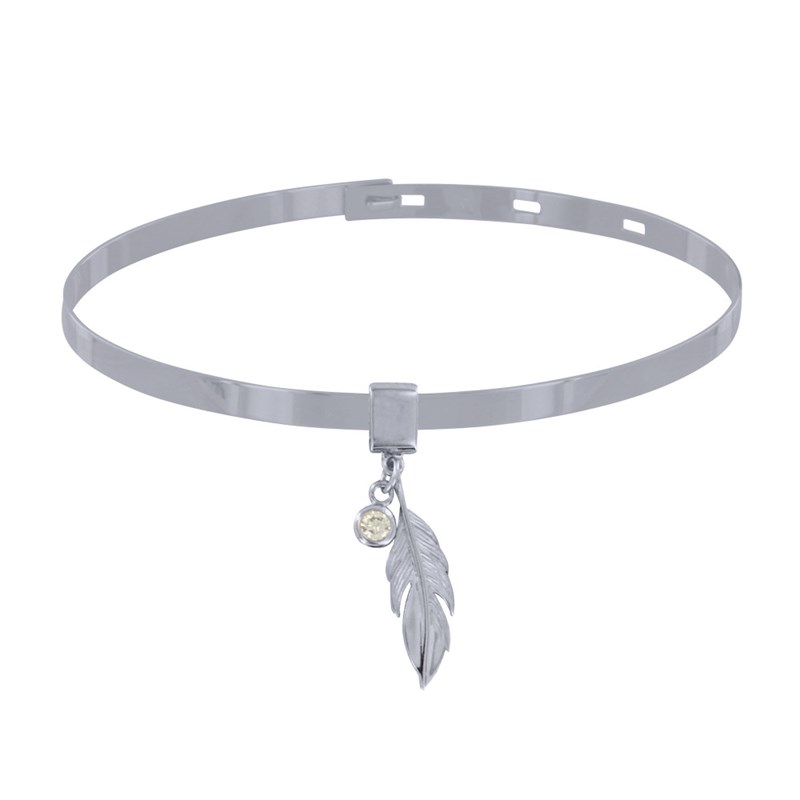 Bracelet Argent 925 Rhodié Jonc Plat Fermeture Crochet Breloques Plume et Strass