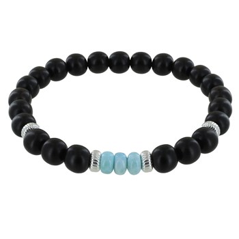 Duo Bracelets Homme et Femme Perles d'Ebènes et Trois Anneaux de Larimar
