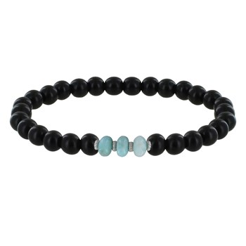 Duo Bracelets Homme et Femme Perles d'Ebènes et Trois Anneaux de Larimar