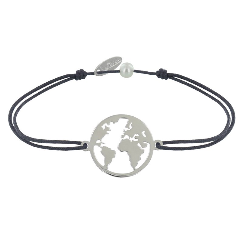 Bracelet Lien Médaille Argent 925 Ronde Mappemonde - Gris