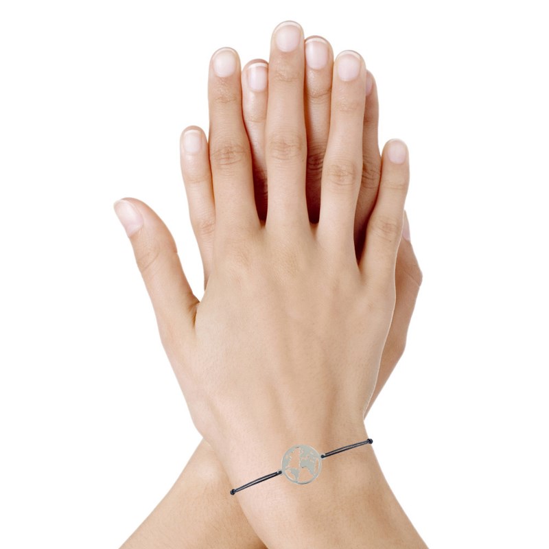 Bracelet Lien Médaille Argent 925 Ronde Mappemonde - Gris - vue 2