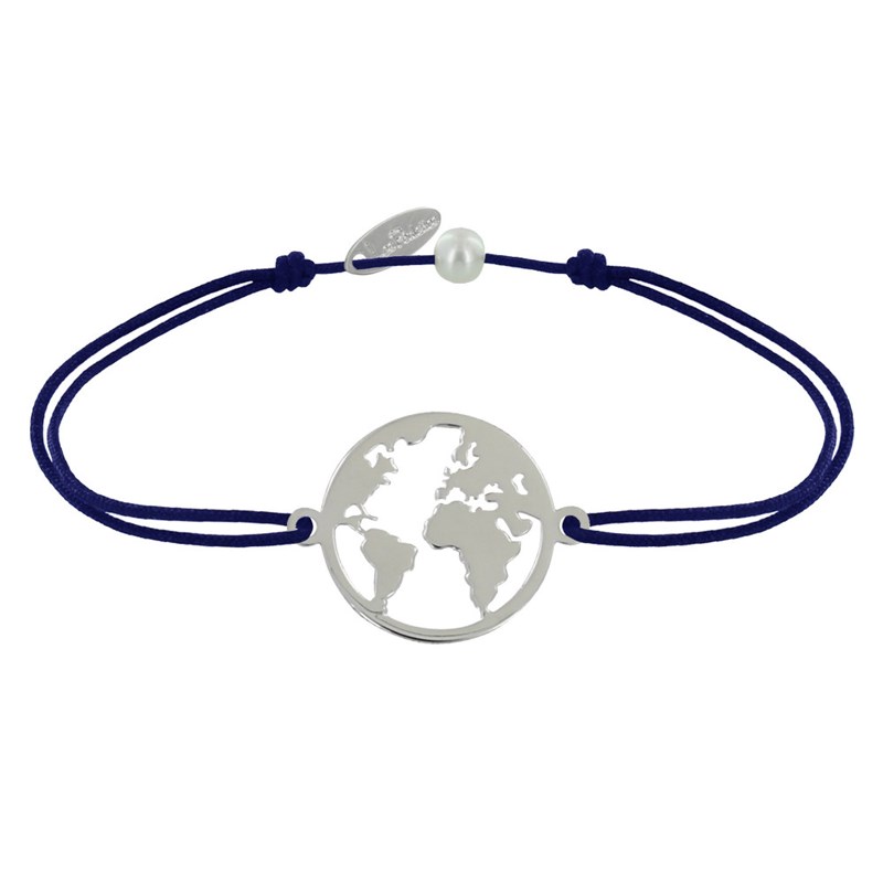 Bracelet Lien Médaille Argent 925 Ronde Mappemonde - Bleu Navy