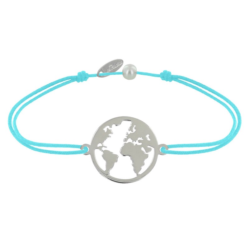 Bracelet Lien Médaille Argent 925 Ronde Mappemonde - Turquoise