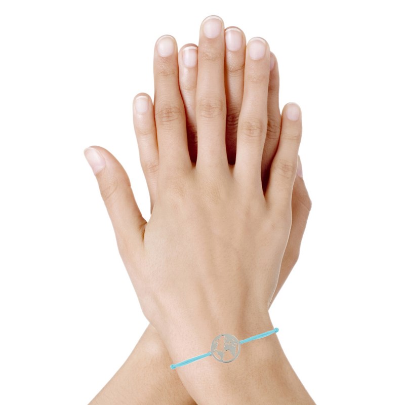 Bracelet Lien Médaille Argent 925 Ronde Mappemonde - Turquoise - vue 2
