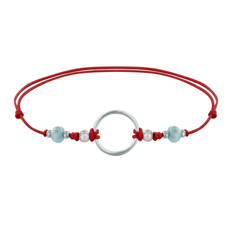 Bracelet Lien Cercle Argent 925 et Deux Perles Facettées de Larimar - Rouge