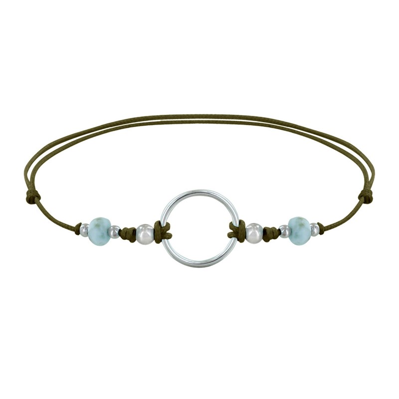Bracelet Lien Cercle Argent 925 et Deux Perles Facettées de Larimar - Vert kaki