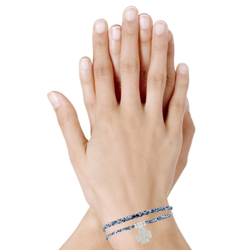 Bracelet Double Tour Lien Liberty et Trèfle Argent 925 - Colors - Bleu Navy - vue 2