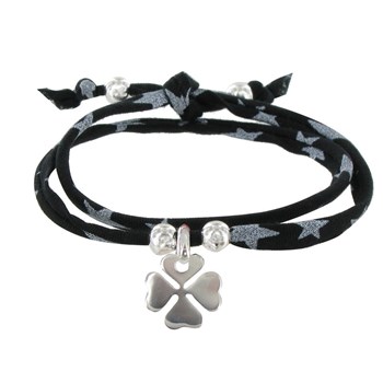 Bracelet Double Tour Lien Etoiles et Trèfle Argent 925 - Classics - Noir