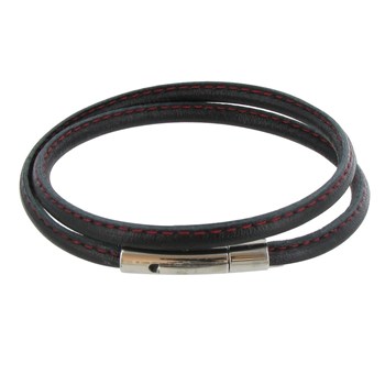 Bracelet Homme Cuir Noir Fin Cousu Fermoir Acier Inoxydable - Classics - Rouge