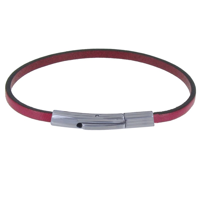 Bracelet Femme Cuir Simple Plat Fermoir Acier Inoxydable - Fuchsia