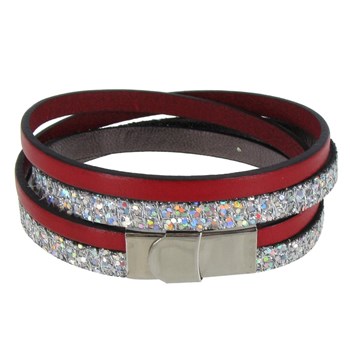 Bracelet Cuir Deux Lanières et Paillettes Fermoir Acier Inoxydable - Classics - Rouge