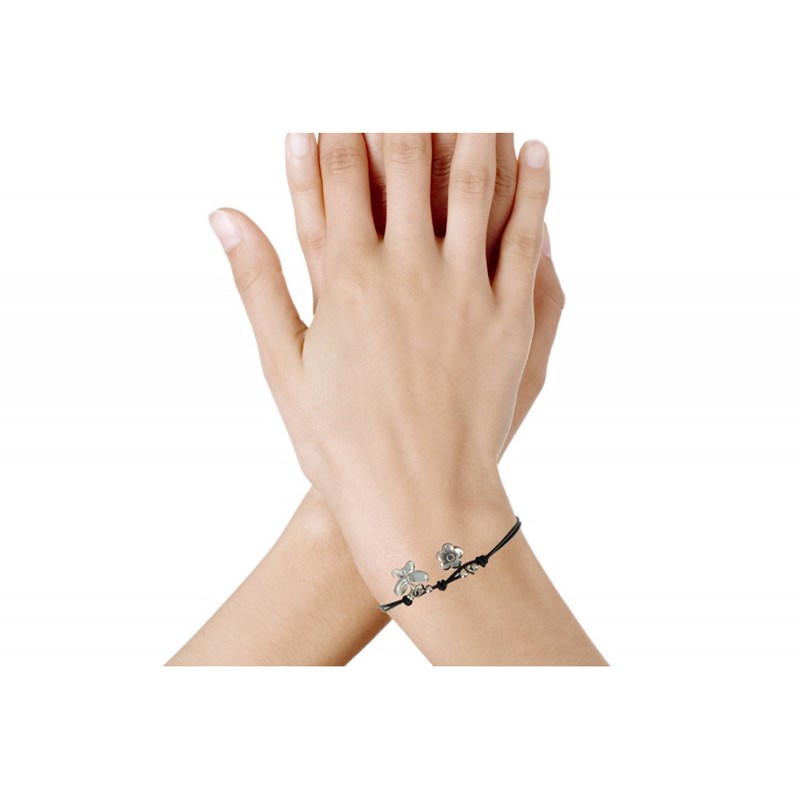 Bracelet Fleur et Papillon Argent 925 Fil Cuir Noir - vue 2