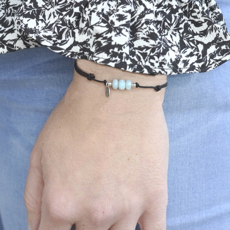 Bracelet Lien Noir 3 Anneaux de Larimar et Deux Perles Argent 925 - vue 3