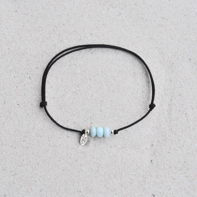 Bracelet Lien Noir 3 Anneaux de Larimar et Deux Perles Argent 925 - vue 4