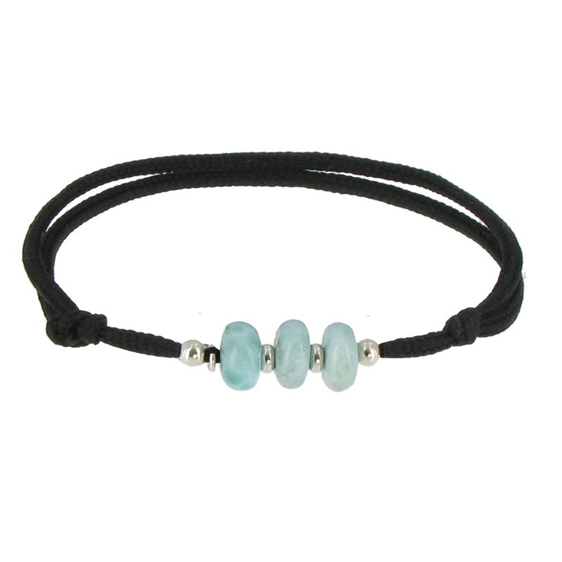 Bracelet Lien Noir 3 Rondelles de Larimar et d'Argent