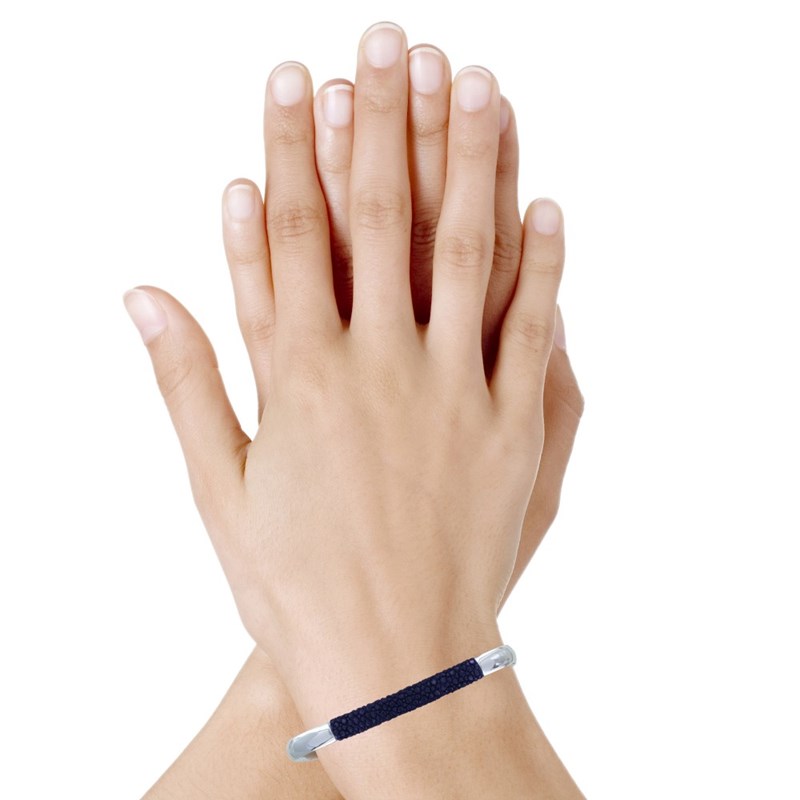 Bracelet Mixte Demi Jonc Laiton Rhodié et Cuir - Bleu Navy - vue 2