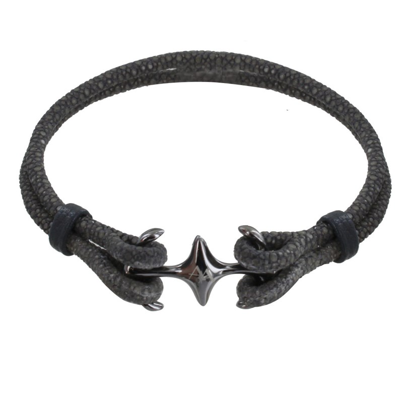 Bracelet Mixte en Argent 925 Rhodié Noir Double Ancre et Cuir - 20cm - Gris