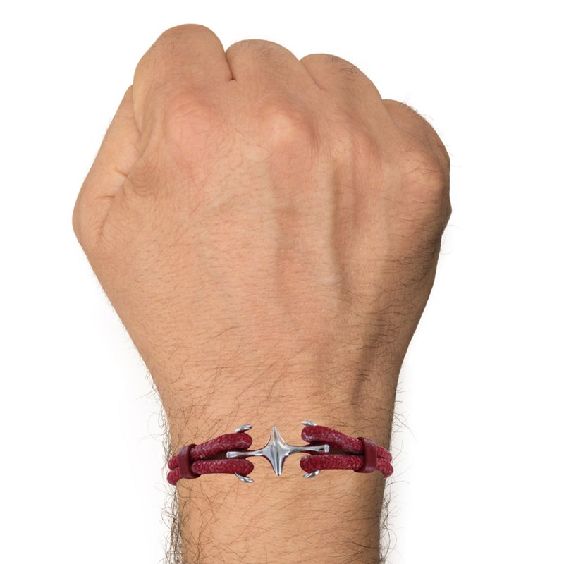 Bracelet Mixte en Argent 925 Rhodié Double Ancre et Cuir - 20cm - Rouge - vue 2