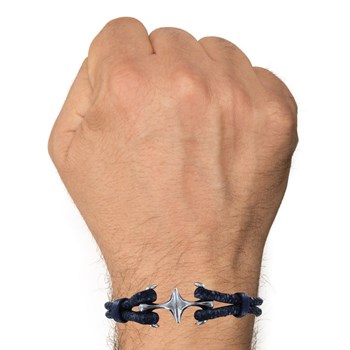 Bracelet Mixte en Argent 925 Rhodié Double Ancre et Cuir - 20cm - Bleu Navy