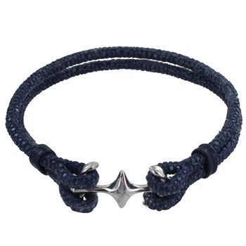 Bracelet Mixte en Argent 925 Rhodié Double Ancre et Cuir - 20cm - Bleu Navy