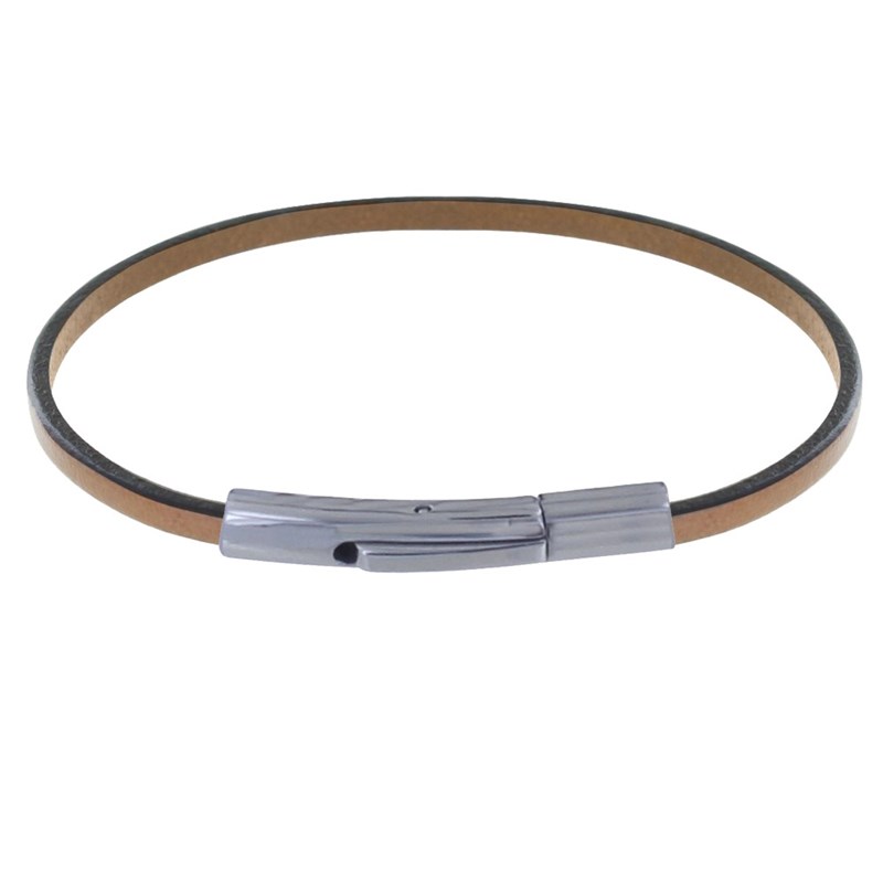 Bracelet Femme Cuir Simple Plat Fermoir Acier Inoxydable - Marron clair