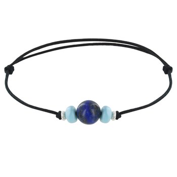 Bracelet Lien Perle de Lapis Lazuli Deux Anneaux de Larimar et d'Argent 925 - Noir