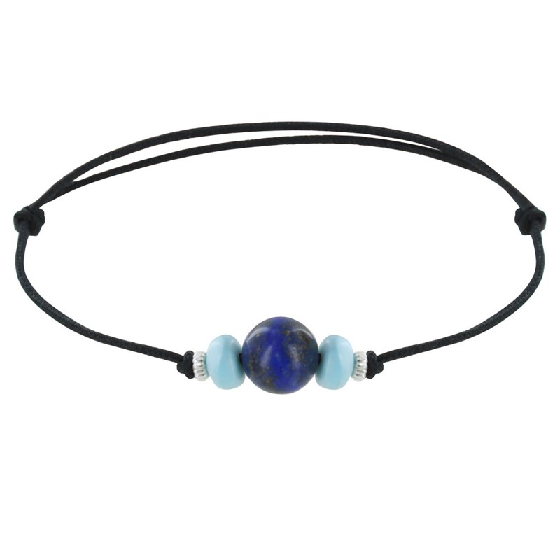 Bracelet Lien Perle de Lapis Lazuli Deux Anneaux de Larimar et d'Argent 925 - Noir