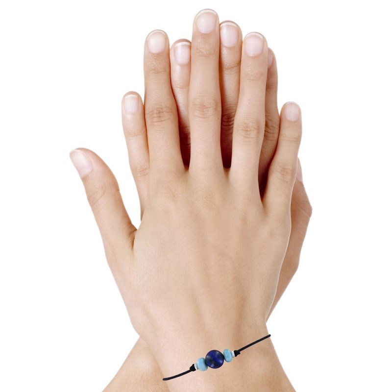 Bracelet Lien Perle de Lapis Lazuli Deux Anneaux de Larimar et d'Argent 925 - Noir - vue 2
