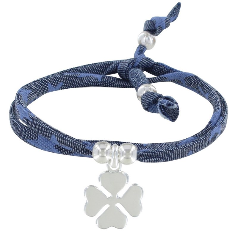 Bracelet Double Tour Lien Etoiles et Trèfle Argent 925 - Colors - Bleu Jean