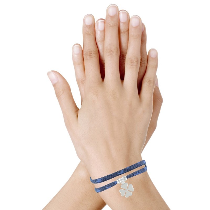 Bracelet Double Tour Lien Etoiles et Trèfle Argent 925 - Colors - Bleu Jean - vue 2