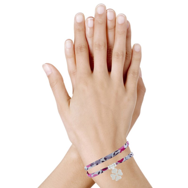 Bracelet Double Tour Lien Liberty et Trèfle Argent 925 - Colors - Fuchsia - vue 2